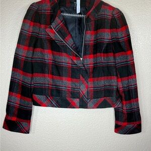 She Said Red Black Plaid Cropped Blazer Jacket Womens Sz 12 Zip Front Preppy